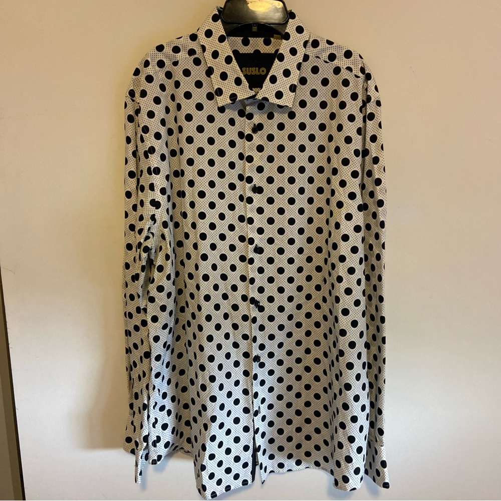 Suslo Couture White With Black Polka Dots Long Sleeve Cotton Shirt 3XL